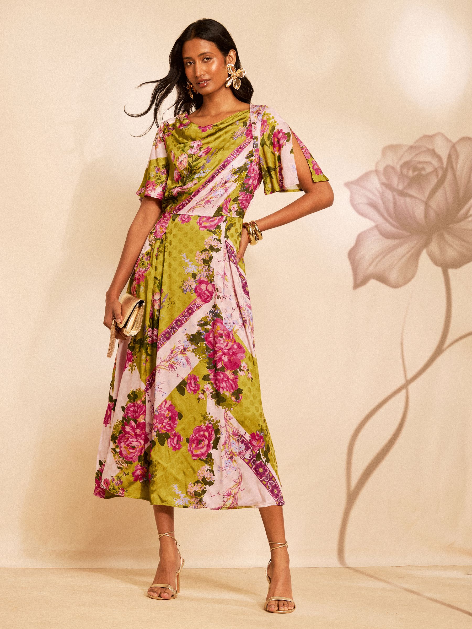 Buy Love & Roses x RHS Lime Green Floral Satin Cowl Neck Midi