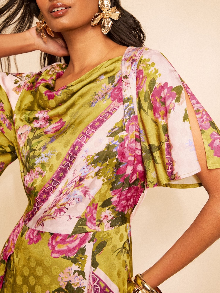 Love & Roses x RHS Lime Green Floral Satin Cowl Neck Midi Dress - Image 2 of 5