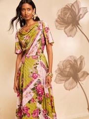 Love & Roses x RHS Lime Green Floral Satin Cowl Neck Midi Dress - Image 3 of 5