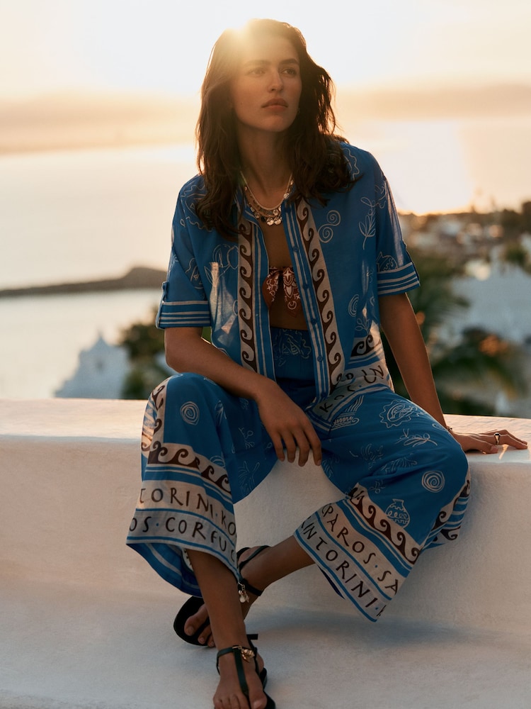 Blue Border Print Lightweight Pull-On Wide Leg Trousers - Image 1 of 6