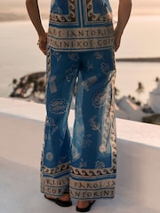 Blue Border Print Lightweight Pull-On Wide Leg Trousers - Image 3 of 6