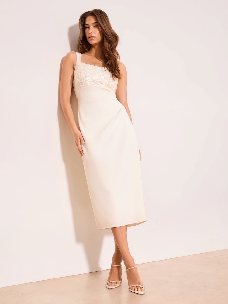 Lipsy White Petite Sequin Bodice Square Neck Midi Dress - Image 1 of 4 Lipsy White Petite Sequin Bodice Square Neck Midi Dress - Image 1 of 4
