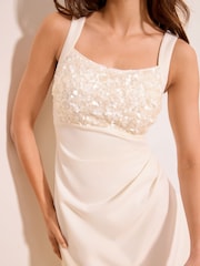 Lipsy White Petite Sequin Bodice Square Neck Midi Dress - Image 2 of 4