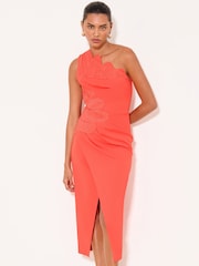 Lipsy Coral Pink Petite Mesh Trim Detail One Shoulder Midi Dress - Image 3 of 4