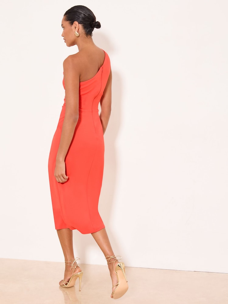 Lipsy Coral Pink Petite Mesh Trim Detail One Shoulder Midi Dress - Image 4 of 4 Lipsy Coral Pink Petite Mesh Trim Detail One Shoulder Midi Dress - Image 4 of 4