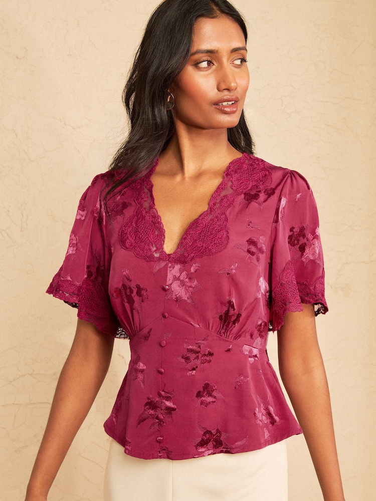Love & Roses Raspberry Pink Satin Jacquard Lace Tea Top - Image 1 of 4 Love & Roses Raspberry Pink Satin Jacquard Lace Tea Top - Image 1 of 4