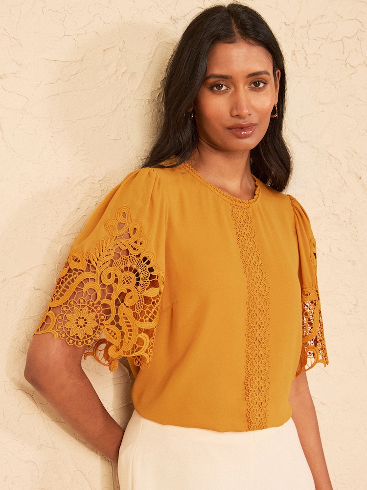 Love & Roses Yellow Crew Neck Lace Short Sleeve Blouse - Image 1 of 4 Love & Roses Yellow Crew Neck Lace Short Sleeve Blouse - Image 1 of 4