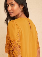 Love & Roses Yellow Crew Neck Lace Short Sleeve Blouse - Image 4 of 4