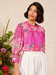 Love & Roses X V&A Pink Floral Printed Lace Insert Crew Neck Blouse - Image 1 of 5
