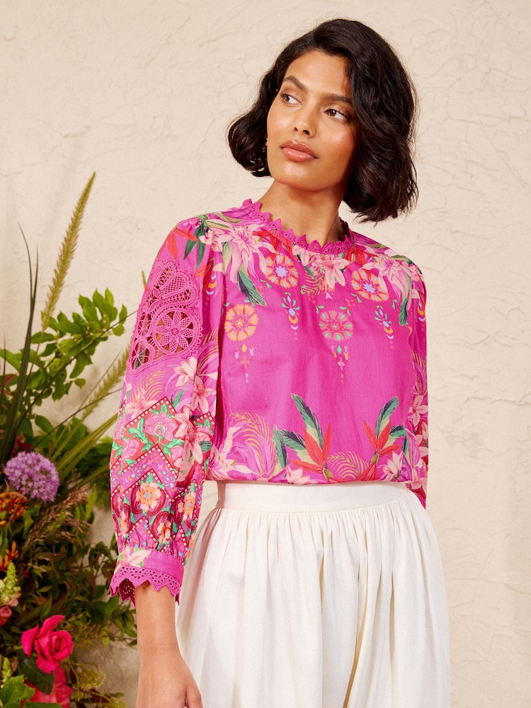 Love & Roses X V&A Pink Floral Printed Lace Insert Crew Neck Blouse - Image 1 of 5