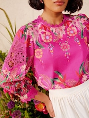 Love & Roses X V&A Pink Floral Printed Lace Insert Crew Neck Blouse - Image 4 of 5