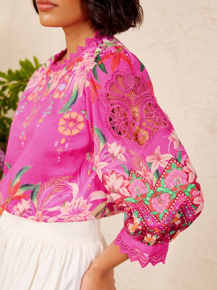Love & Roses X V&A Pink Floral Printed Lace Insert Crew Neck Blouse - Image 5 of 5