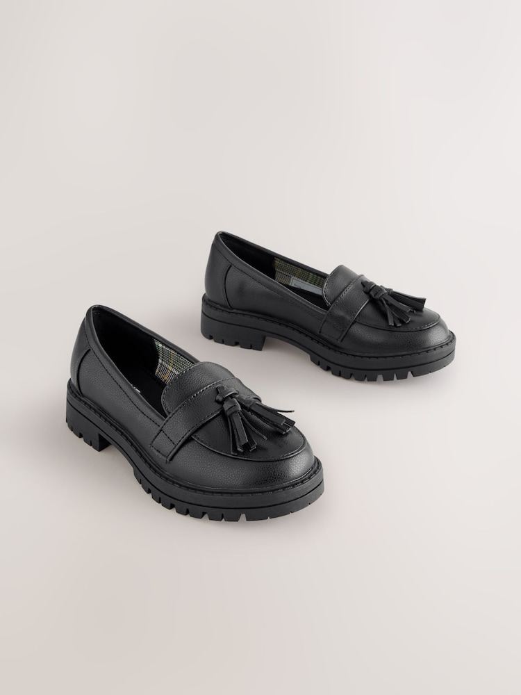 Matt Black Wide Fit (G) School Chunky Tassel Loafers - Image 1 of 5 Matt Black Wide Fit (G) School Chunky Tassel Loafers - Image 1 of 5