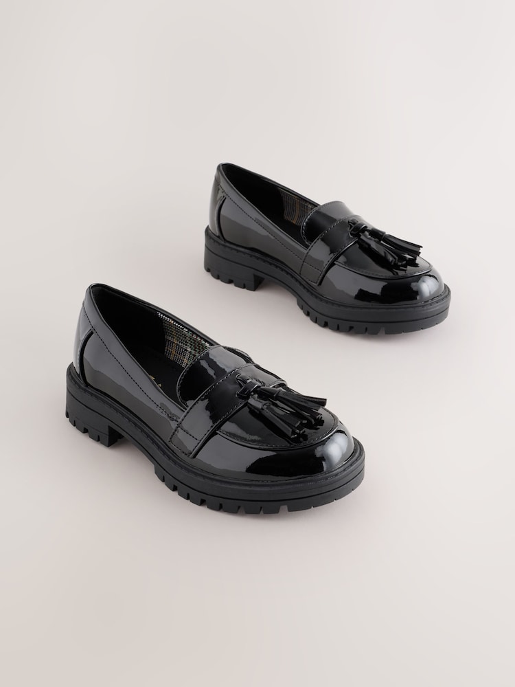 Black Patent Wide Fit (G) School Chunky Tassel Loafers - Image 1 of 5 Black Patent Wide Fit (G) School Chunky Tassel Loafers - Image 1 of 5
