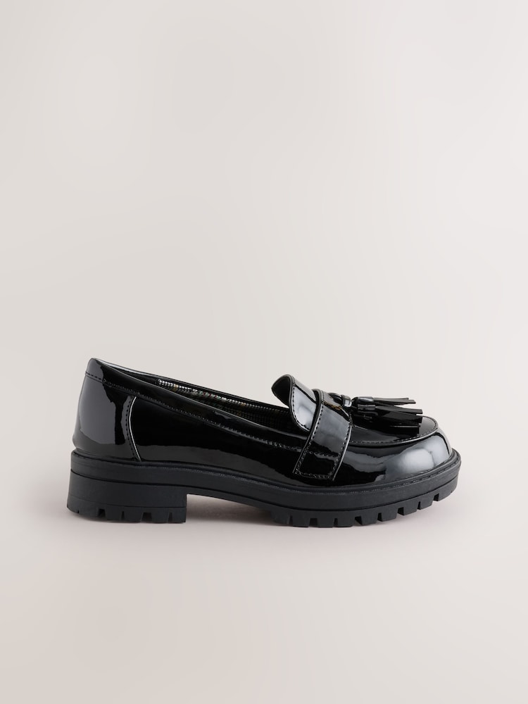 Black Patent Wide Fit (G) School Chunky Tassel Loafers - Image 2 of 5 Black Patent Wide Fit (G) School Chunky Tassel Loafers - Image 2 of 5