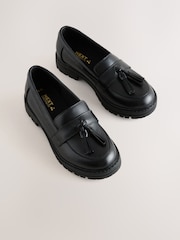 Black Matt Leather Wide Fit (G) School Chunky Tassel Loafers - Image 1 of 5