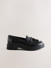 Black Matt Leather Wide Fit (G) School Chunky Tassel Loafers - Image 2 of 5