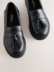 Black Matt Leather Wide Fit (G) School Chunky Tassel Loafers - Image 3 of 5