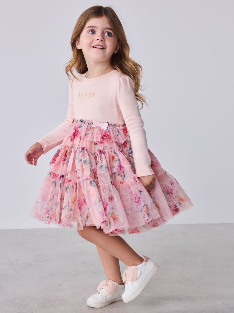 Baker by Ted Baker Pink Floral Tiered Mesh Mockable Dress - Image 1 of 12 Baker by Ted Baker Pink Floral Tiered Mesh Mockable Dress - Image 1 of 12