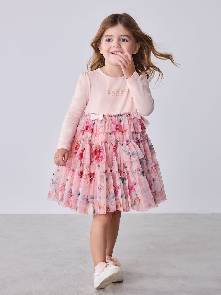 Baker by Ted Baker Pink Floral Tiered Mesh Mockable Dress - Image 2 of 12 Baker by Ted Baker Pink Floral Tiered Mesh Mockable Dress - Image 2 of 12