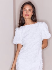 Lipsy White Petite Texture 3D Rose Short Sleeve Mini Dress - Image 3 of 5
