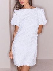 Lipsy White Petite Texture 3D Rose Short Sleeve Mini Dress - Image 4 of 5