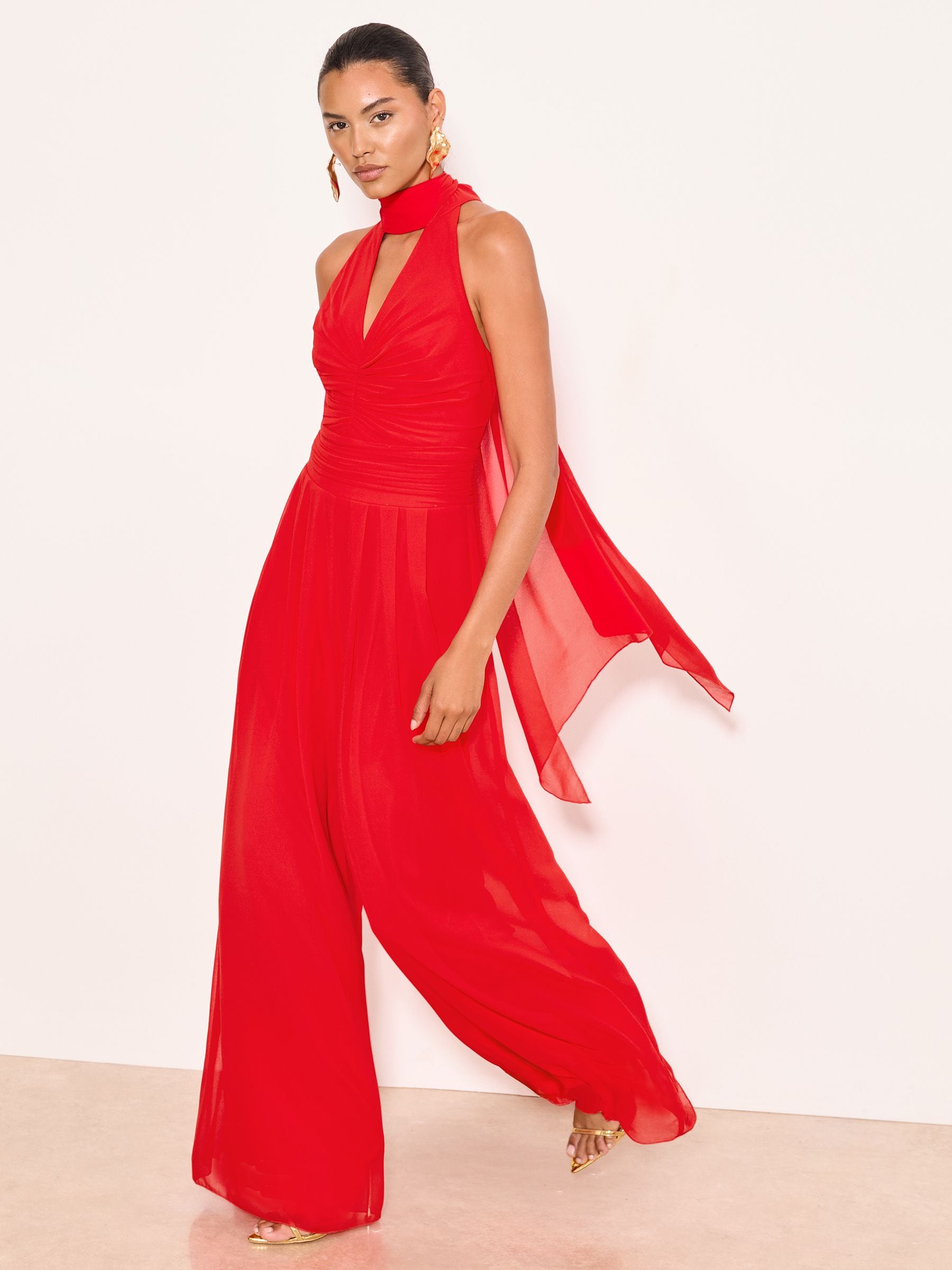 Buy Lipsy Red Halter Neck Gathered Waist Scarf Detail Wide Leg