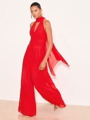 Lipsy Red Halter Neck Gathered Waist Scarf Detail Wide Leg Jumpsuit - Image 1 of 5
