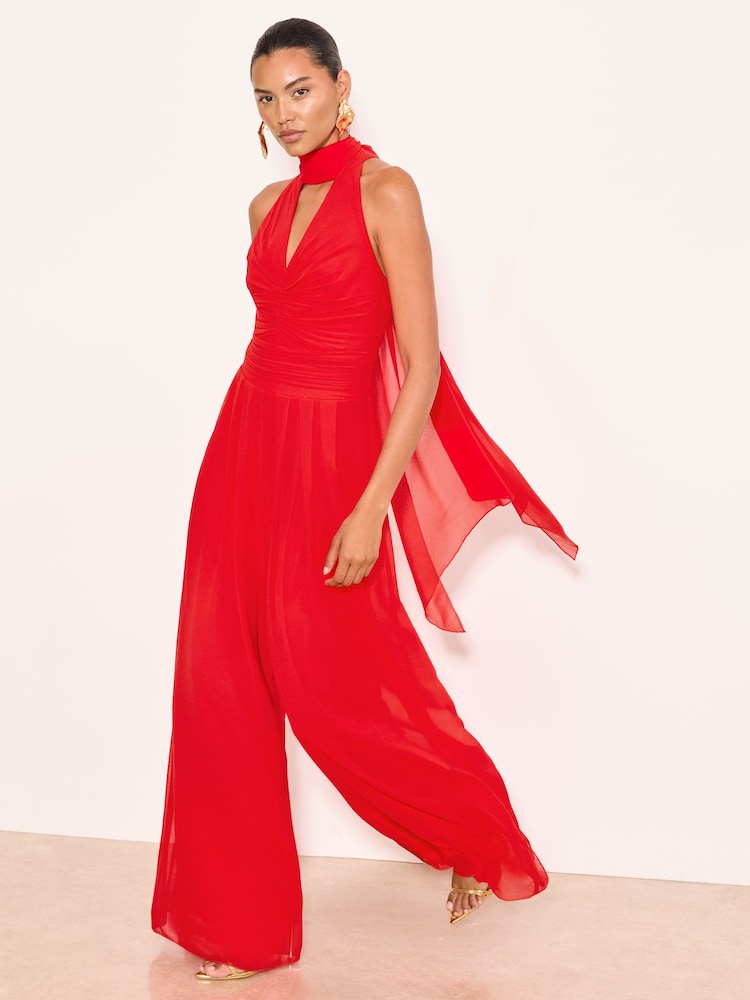 Lipsy Red Halter Neck Gathered Waist Scarf Detail Wide Leg Jumpsuit - Image 1 of 5