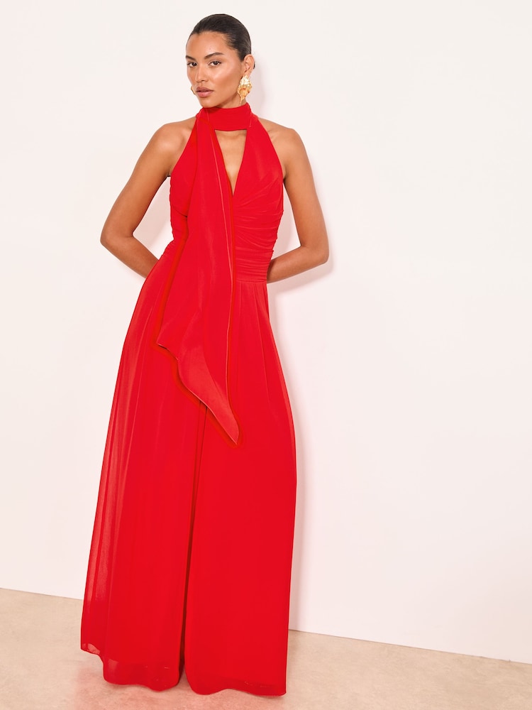 Lipsy Red Halter Neck Gathered Waist Scarf Detail Wide Leg Jumpsuit - Image 2 of 5
