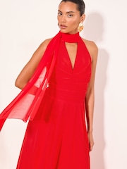 Lipsy Red Halter Neck Gathered Waist Scarf Detail Wide Leg Jumpsuit - Image 3 of 5