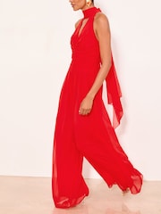 Lipsy Red Halter Neck Gathered Waist Scarf Detail Wide Leg Jumpsuit - Image 4 of 5