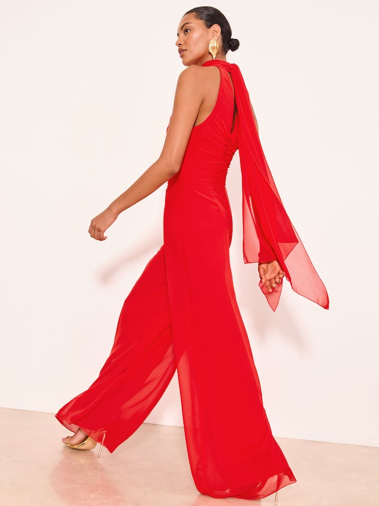 Lipsy Red Halter Neck Gathered Waist Scarf Detail Wide Leg Jumpsuit - Image 5 of 5