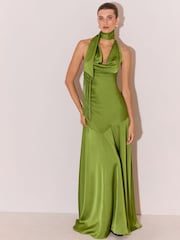 Satin Fringe Scarf Cowl Neck Fit And Flare Maxi Dress - 图片3 / 6