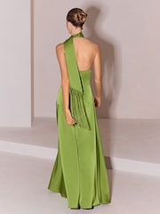 Satin Fringe Scarf Cowl Neck Fit And Flare Maxi Dress - 图片6 / 6