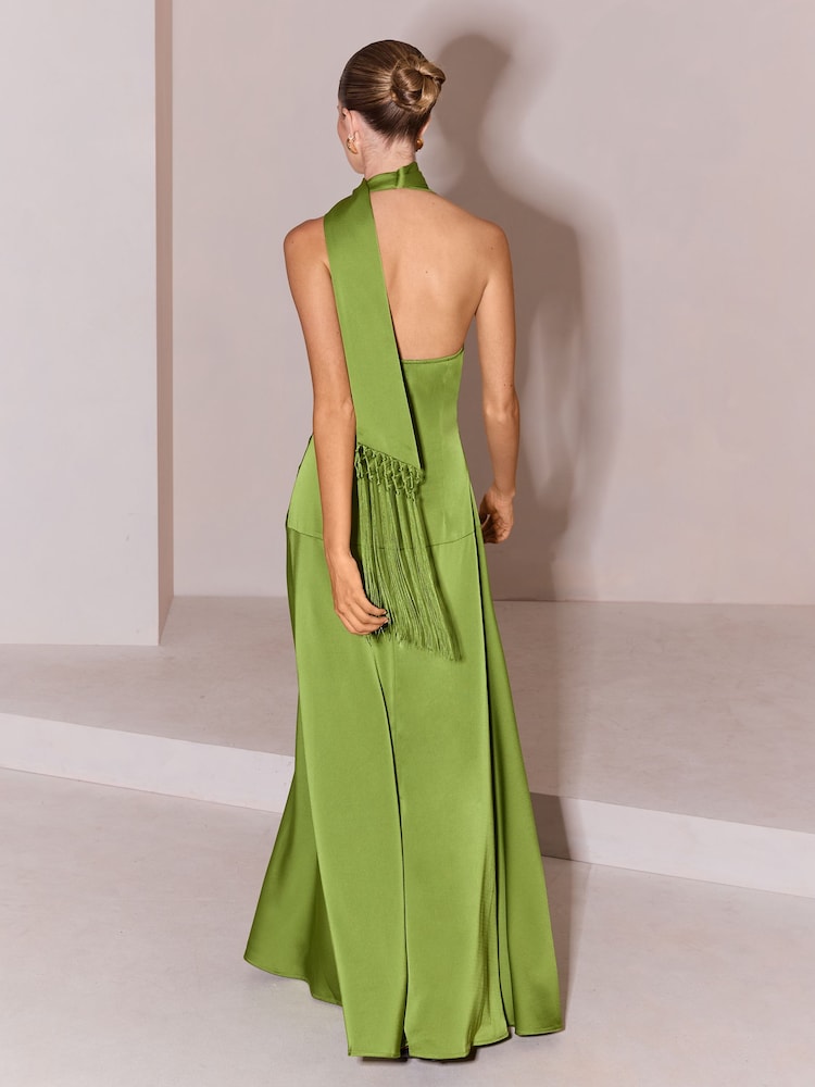 Satin Fringe Scarf Cowl Neck Fit And Flare Maxi Dress - 图片6 / 6