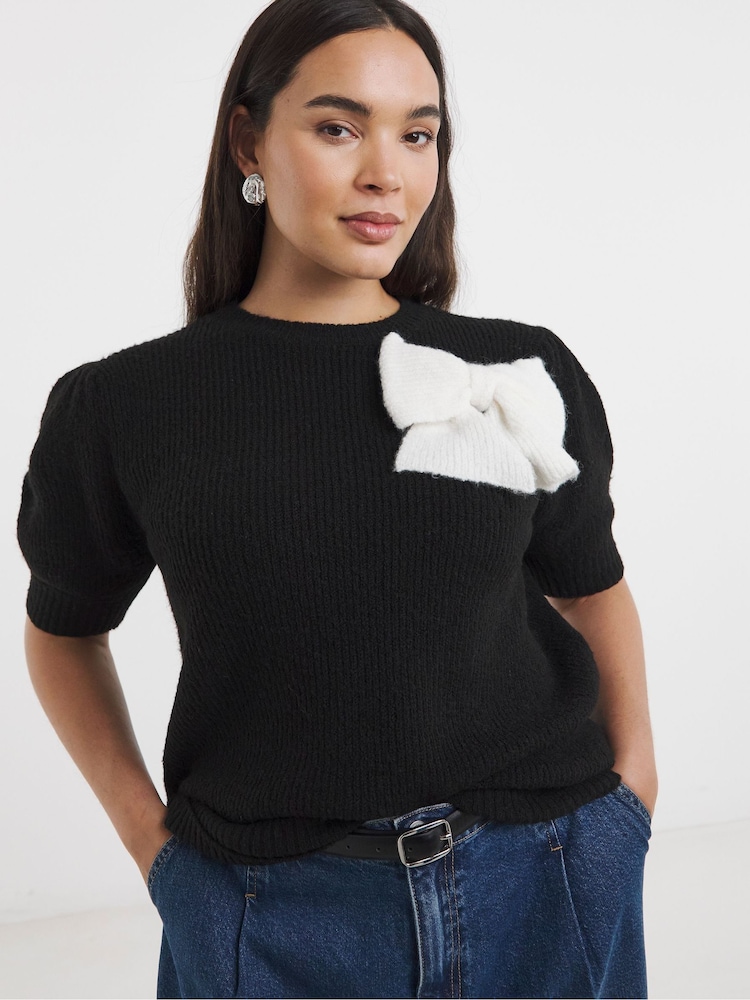 Simply Be Black 3D Bow Appliqué Knitted Top - Image 2 of 4 Simply Be Black 3D Bow Appliqué Knitted Top - Image 2 of 4