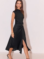 Lipsy Black Petite One Shoulder Ruched Waist Hardware Detail Fit And Flare Midi Dress - Image 1 of 6