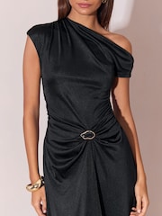 Lipsy Black Petite One Shoulder Ruched Waist Hardware Detail Fit And Flare Midi Dress - Image 2 of 6