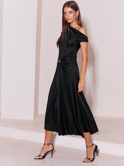 Lipsy Black Petite One Shoulder Ruched Waist Hardware Detail Fit And Flare Midi Dress - Image 5 of 6