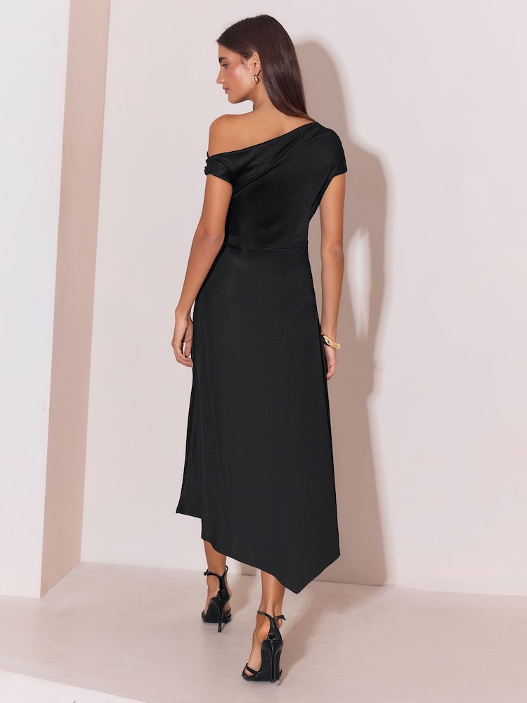 Lipsy Black Petite One Shoulder Ruched Waist Hardware Detail Fit And Flare Midi Dress - Image 6 of 6
