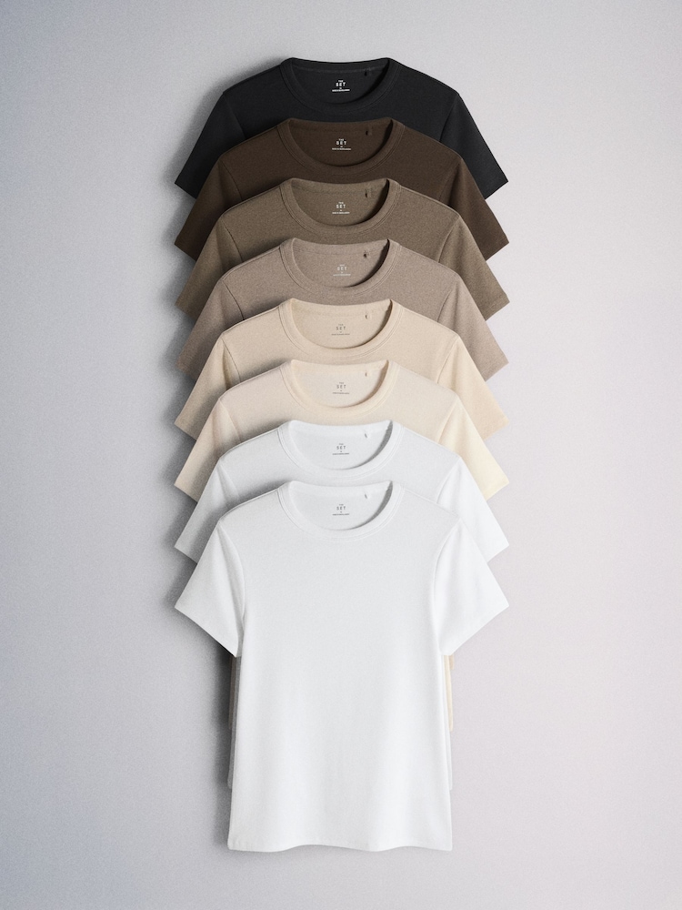 The Set 8 Pack Short Sleeve Ribbed T-Shirts Black/Chocolate/ Browns/ Cream/Oat /White - Image 1 of 6