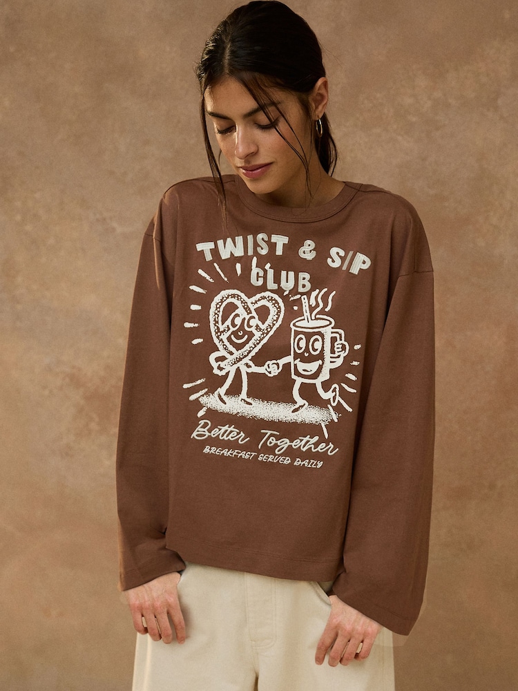 Chocolate Brown Relaxed Long Sleeve Graphic T-Shirt - Image 1 of 5