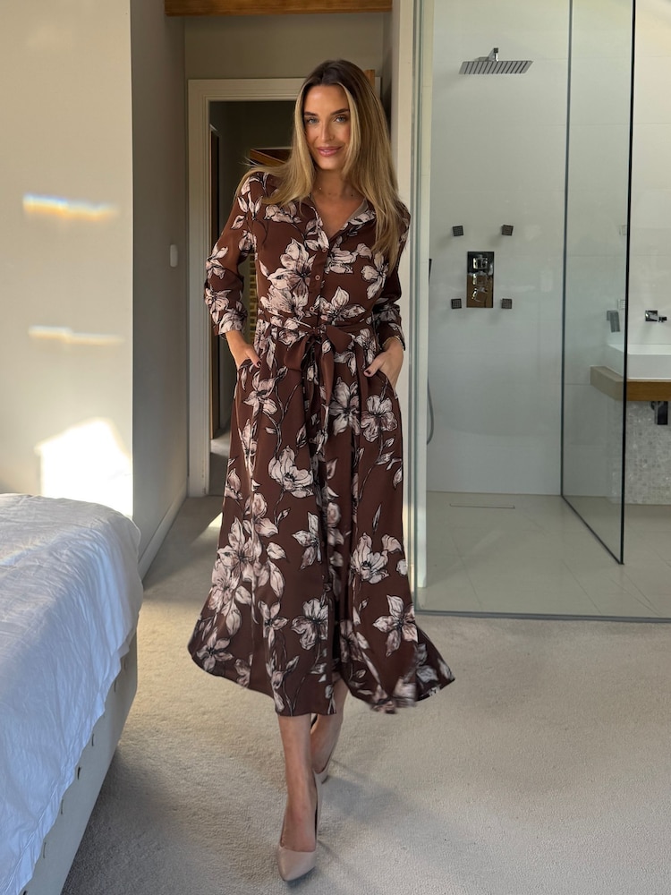 Girl In Mind Brown Angela Long Sleeve Maxi Shirt Floral Dress - Image 2 of 5