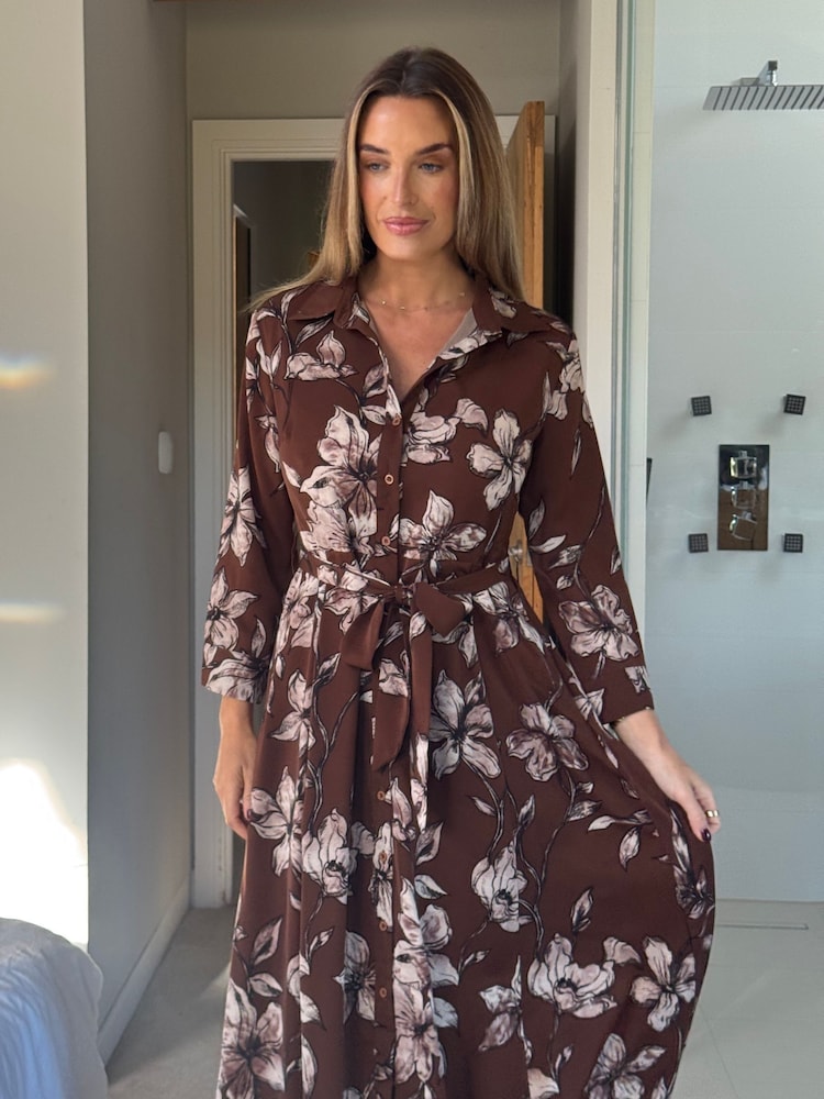 Girl In Mind Brown Angela Long Sleeve Maxi Shirt Floral Dress - Image 5 of 5