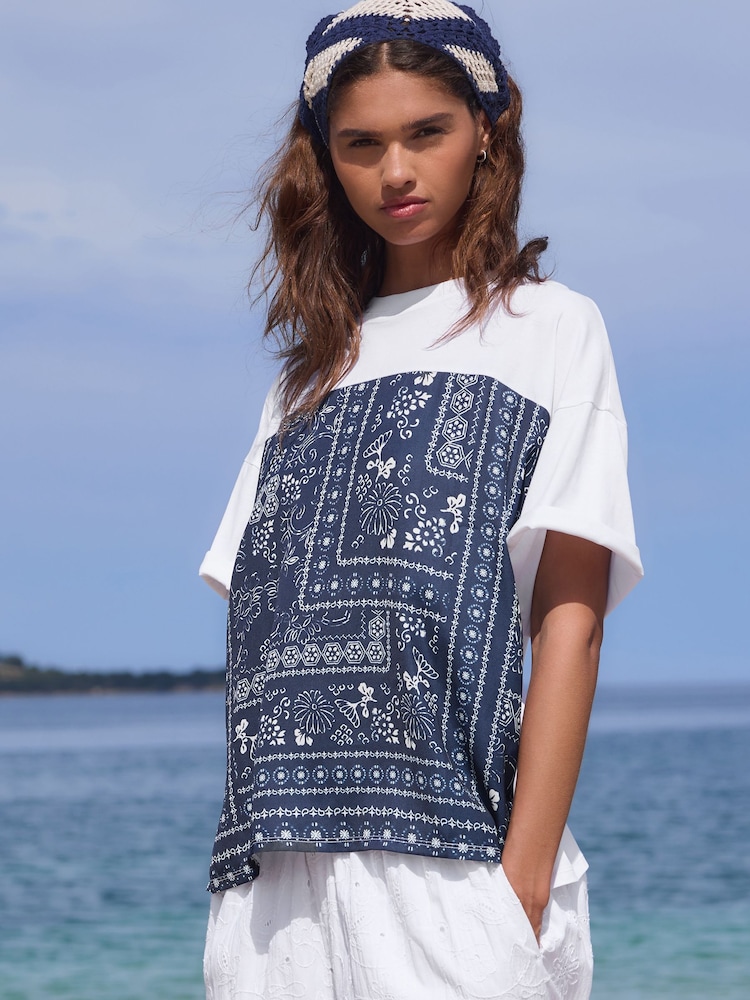 White/Navy Short Sleeve Bandana Print T-Shirt - Image 1 of 7 White/Navy Short Sleeve Bandana Print T-Shirt - Image 1 of 7