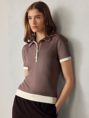 Chocolate Brown Ribbed Layered Polo Top - Image 3 of 8