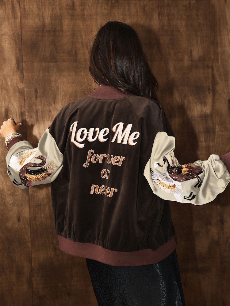 Rockett St George Chocolate Brown Swan Bomber Jacket - Image 1 of 5 Rockett St George Chocolate Brown Swan Bomber Jacket - Image 1 of 5