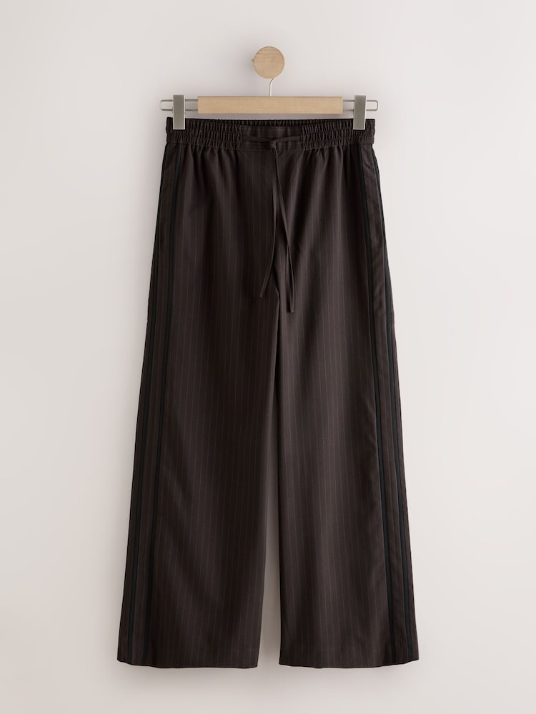 Chocolate Brown Pinstripe Wide Leg Trousers with Side Stripes - Image 1 of 4 Chocolate Brown Pinstripe Wide Leg Trousers with Side Stripes - Image 1 of 4