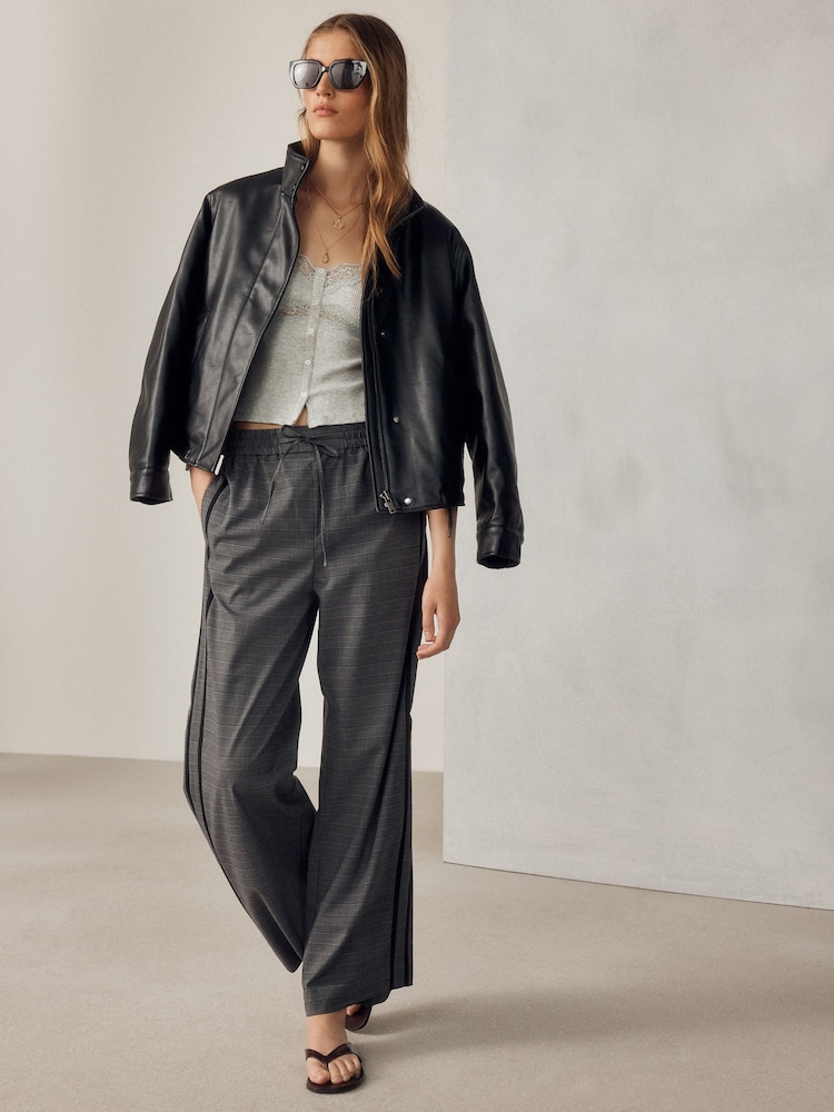 Grey/Black Check Wide Leg Trousers with Side Stripes - Image 1 of 6 Grey/Black Check Wide Leg Trousers with Side Stripes - Image 1 of 6
